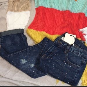 Sequined Distressed Denim Jeans